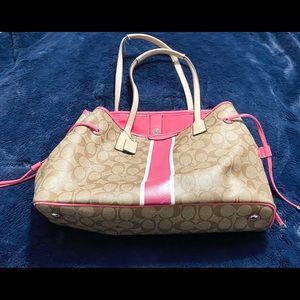 Coach Signature Strip Bag Khaki/Bright Pink